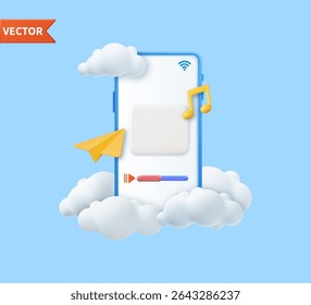 3d Music player on mobile phone. Streaming music in online cloud platform. audio radio app. Application presentation template. Modern Technology device screen. 3d rendering. Vector illustration