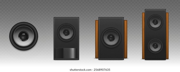 Sonido de altavoz de música 3D. Vector del sistema de caja de audio. Conjunto de subwoofer negro realista. Profesional y potente maqueta de equipo de tecnología de volumen para teatro o cine. Moderno amplificador de radio ruidoso