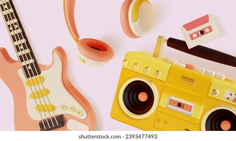 3 d Símbolos de fondo musical del estilo de las caricaturas de la música de los ochenta: incluye guitarra eléctrica, boombox y cassette de audio. Ilustración del vector