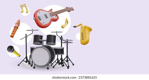 3D musical instruments. Guitar, drum stand and flute, microphone and saxophone, nota. Concept of music competition, performance, concert. Vector template in cartoon style