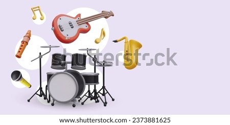 3D musical instruments. Guitar, drum stand and flute, microphone and saxophone, nota. Concept of music competition, performance, concert. Vector template in cartoon style