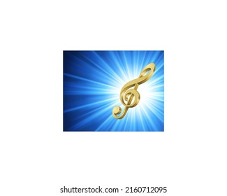 3d musical note bright blue flash vector. Golden treble clef in rays is symbol classical conservatory and modern music. Symphony volume design of art in creative arias songs and opera.