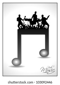 3D Musical Notes With Burst Effect And Rock Band Silhouette On Music Notes. EPS 10, Can Be Use As Banner, Tag, Icon, Sticker, Flyer Or Poster. Vector Illustration In EPS 10.