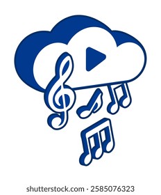 3D musical notes rain down from cloud service. Downloading and listening of music on internet streaming database. Vector sticker advertising design element isolated on white background