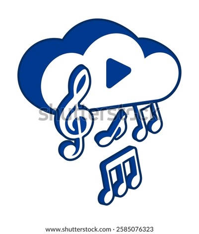 3D musical notes rain down from cloud service. Downloading and listening of music on internet streaming database. Vector sticker advertising design element isolated on white background