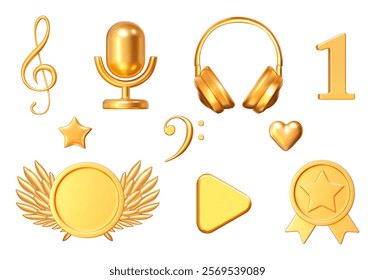 3D Musical set of golden icons from of treble clef, microphone, headphones, number 1, bass clef, stars, hearts, medals, play buttons. Stock vector illustration on isolated background.