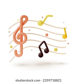 3d Musical Staff and Different Music Notes Symbols Composition Cartoon Style. Vector illustration of Clef and Crotchet