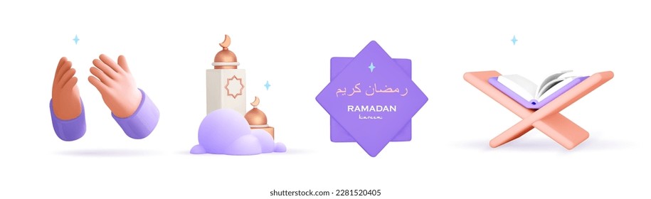 3D-Moschee für Ramadan, Eid Fitr. Islam Moschee, Handgebet Rehal, heiliger Quran, arabische Form, Badge Text. Vektorgrafik