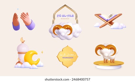 3d muslim icon for Ramadan, Eid Fitr, Eid al-Adha. Islam mosque, hand prayer rehal, sheep,holy quran,arabic shape ,badge text. Vector realistic illustration