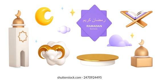 3d muslim icon for Ramadan, Eid Fitr, Eid al-Adha. Islam mosque, hand prayer rehal, sheep,moon and star, holy quran,arabic shape ,badge text. Vector realistic illustration