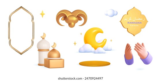 3d muslim icon for Ramadan, Eid Fitr, Eid al-Adha. Islam mosque, hand prayer rehal, sheep,arabic shape ,badge text. Vector realistic illustration