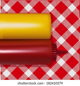 3D mustard and ketchup boxes on red grid tablecloth