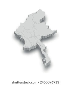 Mapa blanco 3d de Myanmar con regiones aisladas sobre fondo blanco