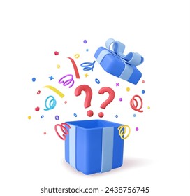 3d Mystery Gift Box. Open gift box with a Question Mark, Lucky Gift or Other Surprise. 3d rendering. Vector illustration