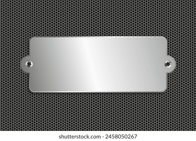 3d Name Engraving silver plate, Polished blank steel metal plate on dark grid background steel metal texture surface