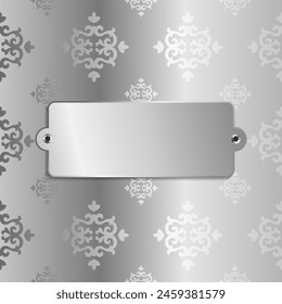 3D Name Engraving silver plate on floral silver background. Polished decorative steel metal plate background, steel metal texture surface