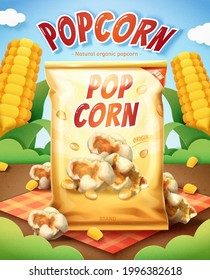 3d natural and organic popcorn ad. Illustration of a popcorn package on picnic plaid and corn kernels against sky background