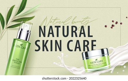 3d Natural And Organic Skincare Banner Ad. Flat Lay Of Product Mock-ups, Green Tea Leaves And Lotion Splashes. Suitable For Skin Toner, Serum And Face Cream Products.
