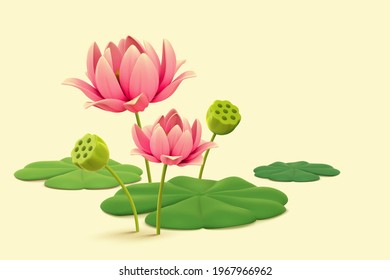 3d natural plant elements of beautiful pink lotus flowers and green leaves. Concept of summer, zen and serenity.