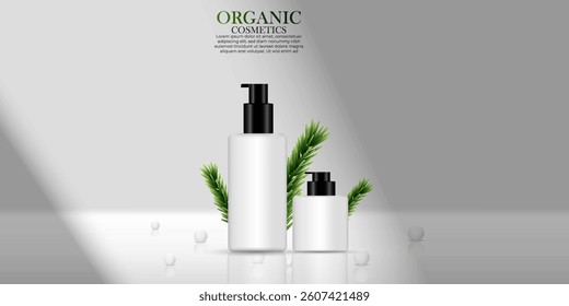 3D natural product studio background design vector with tree branch and peral. Organic cosmetic product background design with white color and shadow overlay on an isolated indoor background. 