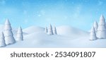 3d Natural Winter Christmas and new year background with blue sky, snowfall, snowflakes, snowdrifts and snowy fir trees.. Winter landscape with falling christmas shining snow. Vector illustration