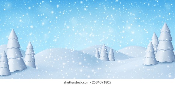 3d Natural Winter Christmas and new year background with blue sky, snowfall, snowflakes, snowdrifts and snowy fir trees.. Winter landscape with falling christmas shining snow. Vector illustration