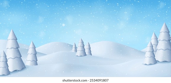 3d Natural inverno Natal e ano novo fundo com céu azul, queda de neve, flocos de neve, snowdrifts e abetos nevados.. Paisagem de inverno com neve cintilante de Natal. Ilustração vetorial