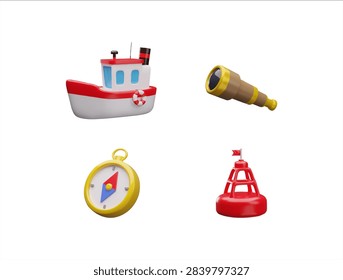 3D nautical navigation element set with lighthouse, boat, compass and buoy. Glossy vector illustration with marine, sea and ocean icons for maritime, harbor and sailing themes.