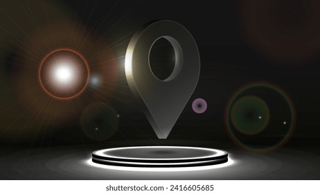 3d navigation icon on a bright neon podium. GPS concept on a dark background.