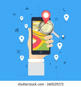 3D navigation pin pointing to a map with magnifying glass on smartphone screen.