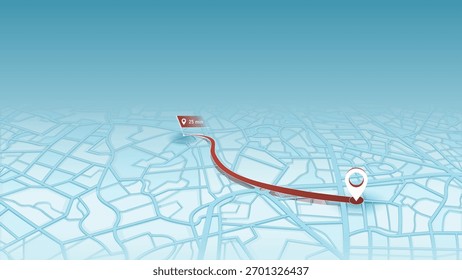 Rota de navegação 3D no mapa estilizado da cidade com indicador de tempo de viagem e pino de destino. Ilustração vetorial.