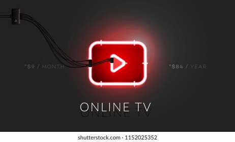 3d Neon Abstract Video Player Sign. Realistic Vector Banner With Lighting Red Neon Tube On Black Background. Conceptual Vector Illustration.