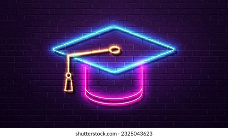 3d neon academic hat in pink blue and yellow on a brick wall background.