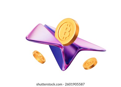 3d neon airplane icon and flying Bitcoin coins on white isolated background. Stock vector illustration	