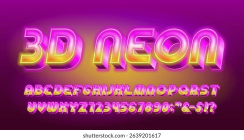 3D Neon alphabet font. Glowing neon 80s style letters and numbers. Abstract polygonal background. Stock vector typeface for your design.