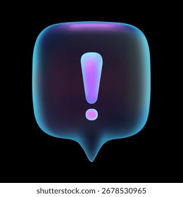 3D neon chat bubble with exclamation mark isolated on dark background for alert, emotion and social media communication