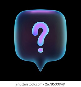 3D-Neon-Chat-Blase mit Fragezeichen einzeln auf dunklem Hintergrund für digitale Kommunikation und Messenger-Design