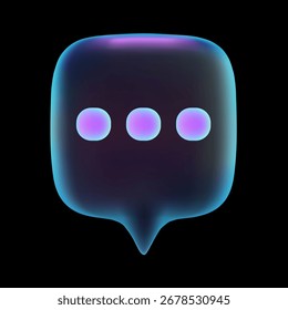 Bolha de bate-papo neon 3D com pontos de digitação isolados no fundo escuro para Messenger e interface de mídia social