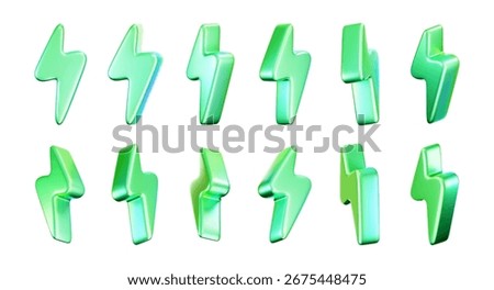 3D neon chrome green lightning bolt icons, electric thunderbolt eco energy symbol. Renewable power, green tech, sustainability, charging, clean energy sign. Realistic vector render on white background