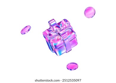 3d neon coins flying with holographic gift box. Stock vector illustration on isolated background.