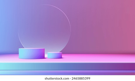 3D neon color podium with circle transparent glass backdrop on the vibrant color wall background, modern technology concept, product display, mockup, showroom, showcase