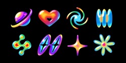 3D Neon Colored Objects Set In Y2K Style: Planets, Hearts, Stars, Flower, And Galaxy. Trendy Futuristic And Vibrant Vector Elements For Abstract Designs, Web, Print, And Creative Projects
