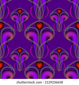 3d neon colorful abstract Flowers seamless pattern. Glowing illuminated bright 3d background. Repeat glow luminosity vector backdrop. Shiny trendy ornaments with neon flowers, chains, love hearts.