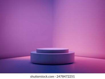 3D Neon Colors Circular Podium in Bright Purple Room for Technology Concept Product Display and Mockup Showroom