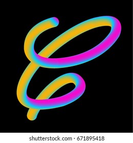 3D neon colors letter C. Hand made type font. Latin copperplate alphabet.