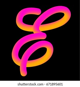 3D neon colors letter E. Hand made type font. Latin copperplate alphabet.