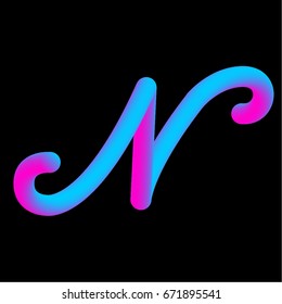3D neon colors letter N. Hand made type font. Latin copperplate alphabet.