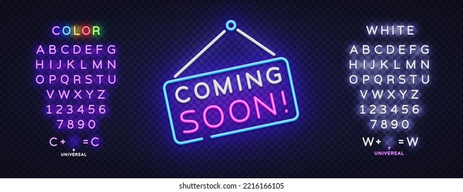 3d Neon Coming Soon for web promotion design. Isolated vector illustration