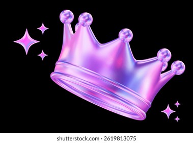 3d neon crown with diamonds. Textured king holographic crown with stars. Stock vector illustration on black isolated background.	
