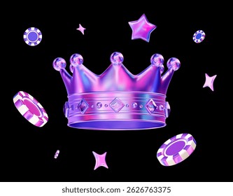 3d neon coroa com estrela voadora e fichas de casino. Cassino online. Ilustração de vetor de estoque em plano de fundo isolado.	
